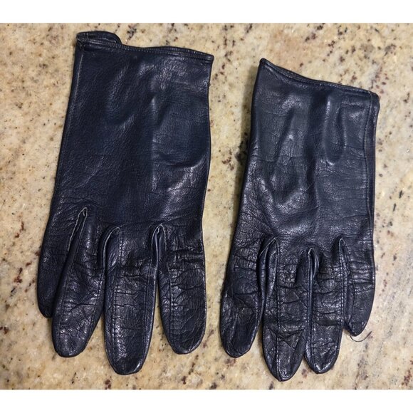Vintage Womens Size S Blue Leather Formal 7" Short Gloves Pearly Button - Picture 1 of 14